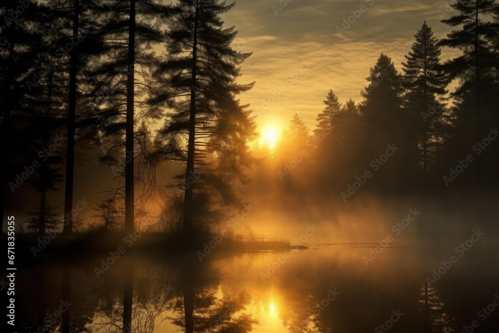 A picturesque scene of the sun setting behind the trees, casting a beautiful reflection on the water. Perfect for nature lovers and those seeking tranquility in their designs. A picturesque scene of the sun setting behind the trees, casting a beautiful reflection on the water. Perfect for nature lovers and those seeking tranquility in their designs.