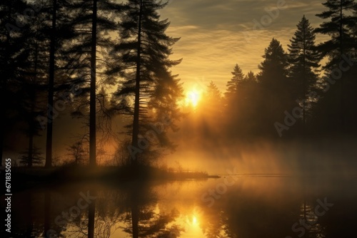 A picturesque scene of the sun setting behind the trees, casting a beautiful reflection on the water. Perfect for nature lovers and those seeking tranquility in their designs.