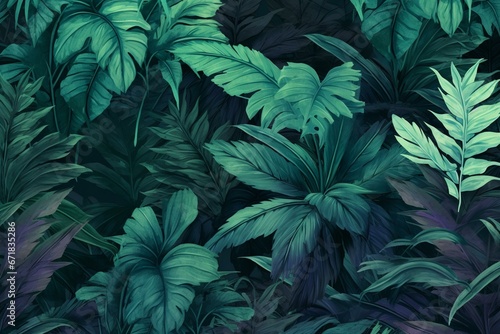 Vintage-style digital jungle leaf pattern illustration  with tonal leaves. Generative AI