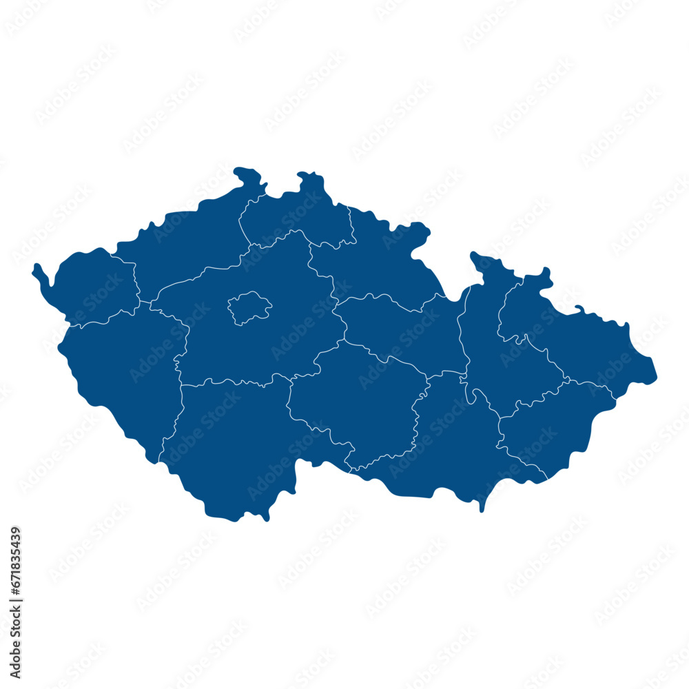 Czechia map. Map of Czech Republic in administrative regions in blue color Czechia map. Map of Czech Republic in administrative regions in blue color