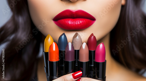 Makeup artist showcasing array of lipstick shades to camera.