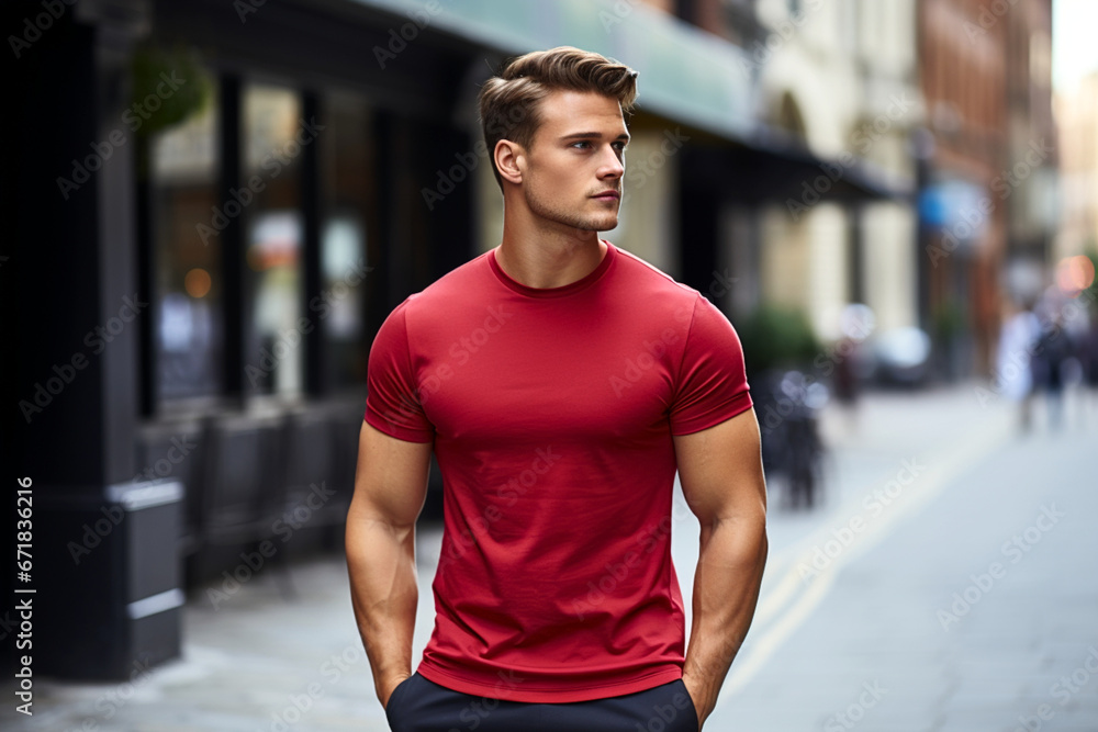 Attractive Muscular Male Model in Red T-Shirt Mockup: Fitness and Fashion Apparel Design on City Street