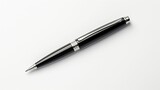 Close-up shot of a sleek black pen with silver clip on a pristine white background. Its smooth, glossy surface reflects surrounding light, showcasing stunning clarity. A modern, minimalist design