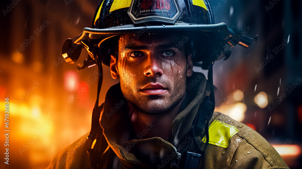 Portrait of an American firefighter in full ammunition and helmet.