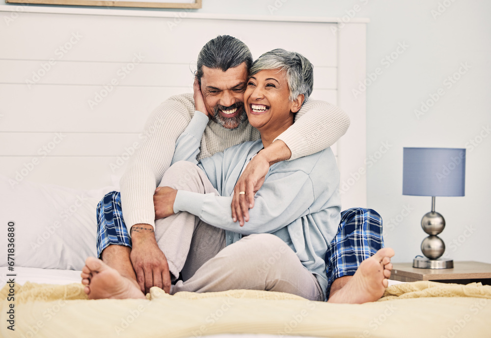 Hug, happy or old couple in bed to relax, enjoy romance or morning time together at home in retirement. Embrace, senior woman or funny elderly man laughing or bonding with love, support or smile - obrazy, fototapety, plakaty 