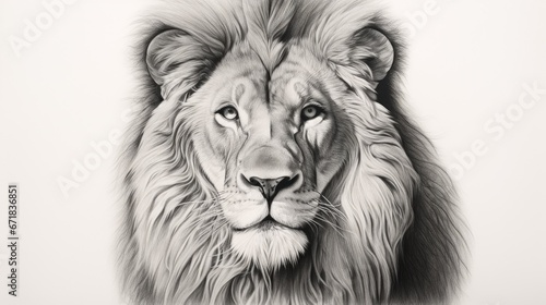 Majestic lion with intense gaze, intricate mane, and sharp focus in a hyper-realistic pencil drawing. A powerful and regal portrait capturing the wild beauty and strength of the king of the jungle. F