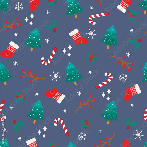 Cartoon christmas seamless pattern with tree,sock,stick,holly and red berries.Winter holidays background with symbols and snowflakes.Print on fabric and paper.Vector colorful seasonal illustration. 