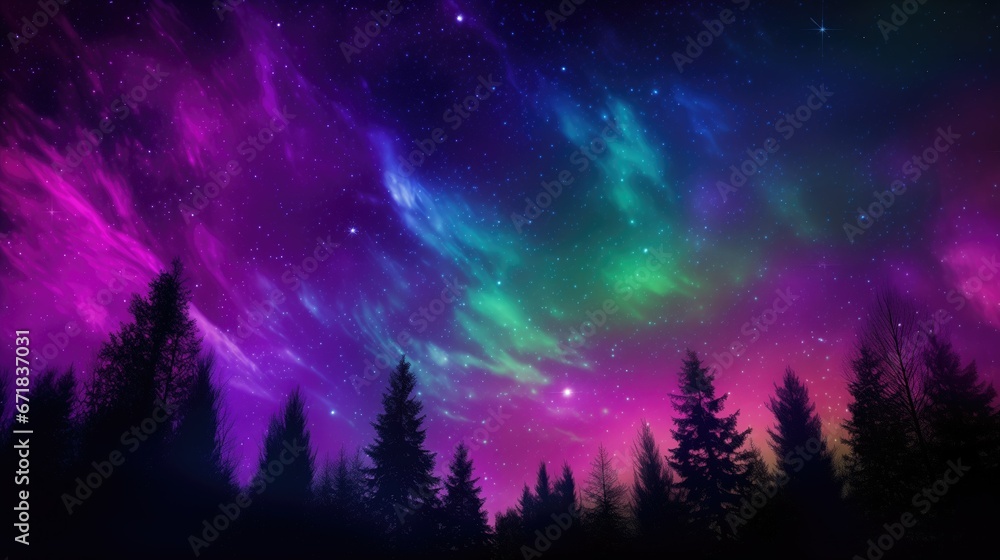 A captivating image of the Northern Lights, with vibrant colors of indigo, green, pink, and purple shimmering in the night sky. This natural phenomenon, known as the aurora borealis