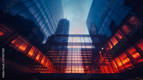 Bottom view of modern skyscraper in the twilight. Business district.
