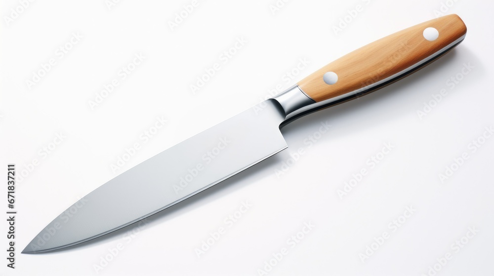 A close-up image of a sleek, sharp-focused kitchen knife on a white background. The stainless steel blade and ergonomic handle reflect a polished, professional design. Ideal for culinary precision A close-up image of a sleek, sharp-focused kitchen knife on a white background. The stainless steel blade and ergonomic handle reflect a polished, professional design. Ideal for culinary precision