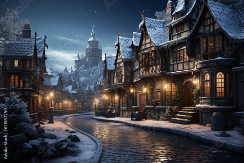 View of night old city in Middle Ages europe, Christmas time. AI Generative
