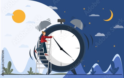 Person near clock, changing day and night circle, day and might routine, circadian rhythm, time for rest and work concepts, flat vector illustration