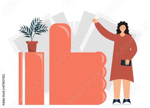 Person showing sigh like, like, rate on social networks, chat in the messenger and comments on the blog, flat vector illustration