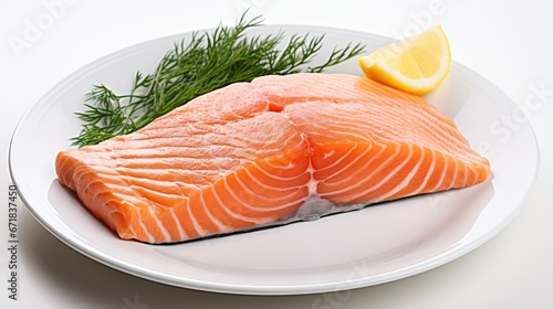 Golden-brown salmon fillet on a white plate, showcasing its moist, tender, and flaky texture. The cooked crust reveals visible muscle fibers, while the vibrant color provides a delicate contrast