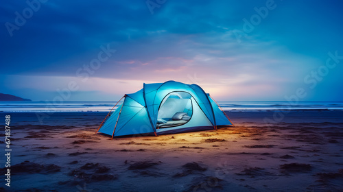 Disassembled blue tent on sandy beach at seacoast. Adventure travel concept.