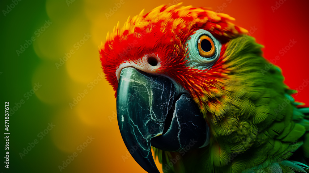 Green parrot with red beak on orange background.