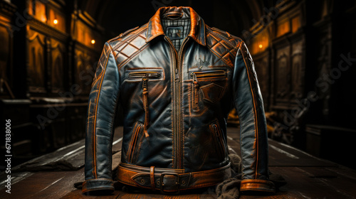 Stylish Leather Jacket on Rustic Wooden Table © Vadim