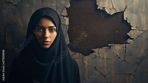 Muslim girl in black hijab holding a empty poster against a wall with cracks. photo