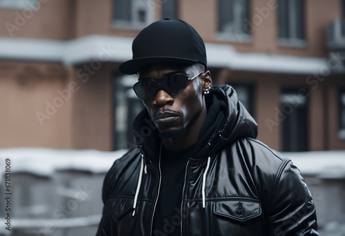 Casually dressed rapper in a baseball cap and leather jacket. Portrait of a hip hop artist on the street photo