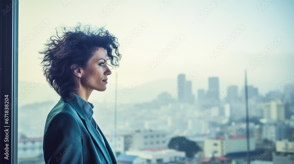 Businesswoman by window with Algiers skyline backdrop.