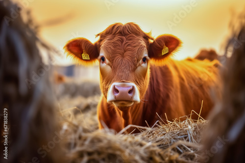 Red Cattle, lying on hay at spring field. Orange breed cow for meat and milk. Farming, © leo_nik