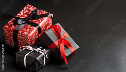 Chic Black and Red Gift Wrapping on a Stylish Black Background for Black Friday