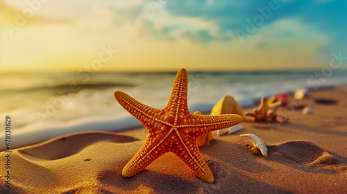 Small figure of starfish in the sand on the background of beach and sea.