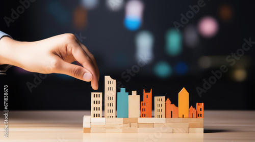 Construction new business concept wooden small houses human hand