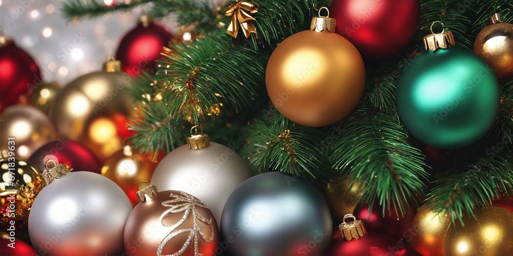 Christmas illustration with Christmas tree branches, red, silver and golden balls and other decorations. Generative AI Christmas illustration with Christmas tree branches, red, silver and golden balls and other decorations. Generative AI