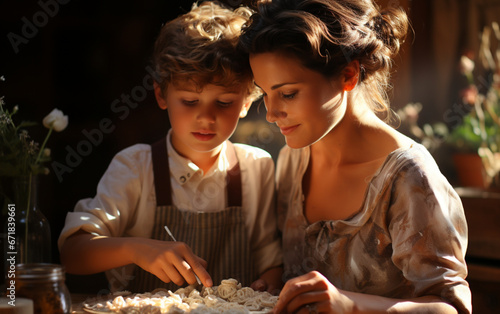 Uśmiechnięta mama i dziecko wspólnie przygotowują ciasto do pieczenia w kuchni.