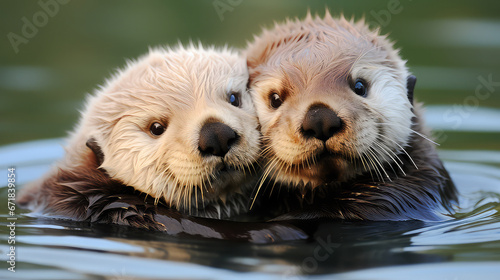 Two cute otters in the water close up