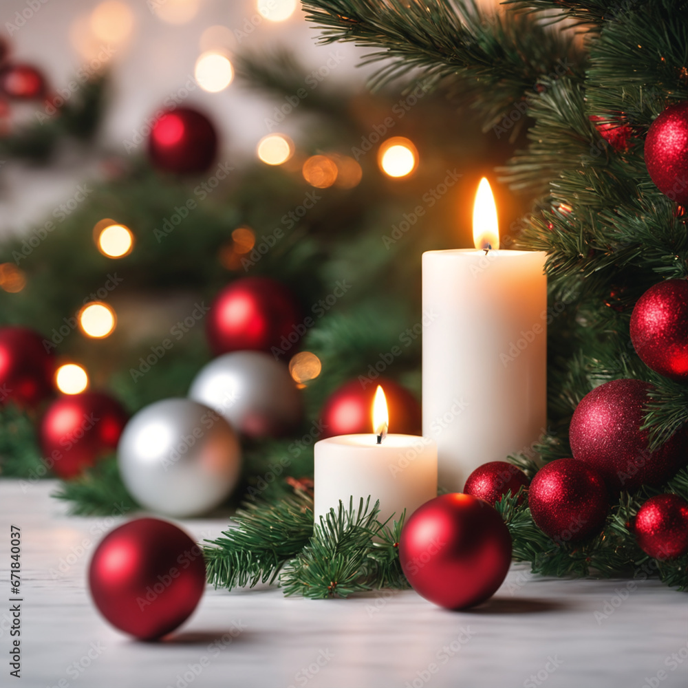 Christmas illustration with burning candles, Christmas tree branches, red and silver balls and other decorations. Generative AI
