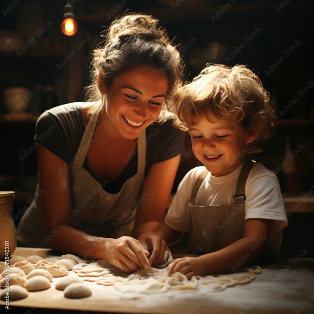Uśmiechnięta mama i dziecko wspólnie przygotowują ciasto do pieczenia w kuchni. - obrazy, fototapety, plakaty 