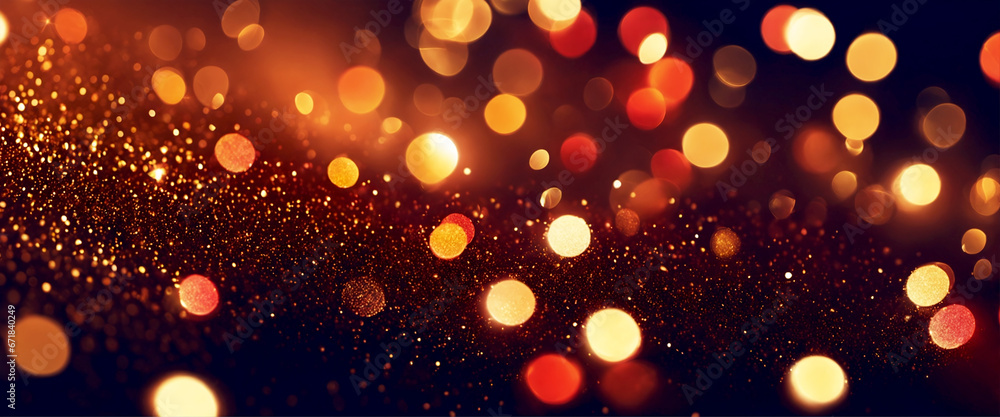 Christmas illustration in golden colors with blurry lights, sparkles and bokeh effect. Generative AI Christmas illustration in golden colors with blurry lights, sparkles and bokeh effect. Generative AI