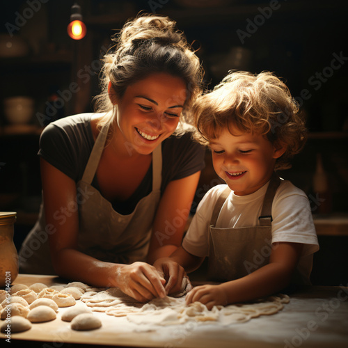 Uśmiechnięta mama i dziecko wspólnie przygotowują ciasto do pieczenia w kuchni.