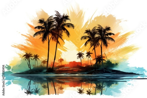Beautiful poster drawn in watercolor style, Summer landscape, desert island, palm trees, sea, sand, rest, relaxation © Gizmo