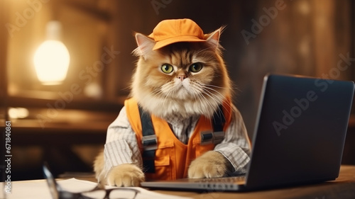 A cat in a hard hat works in front of a laptop in a workshop. photo