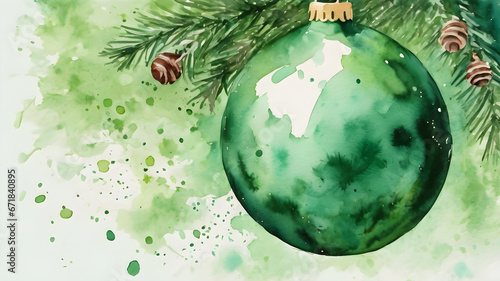 watercolor drawing for Christmas and Happy New Year season. Background design cards green glass ball for christmas tree