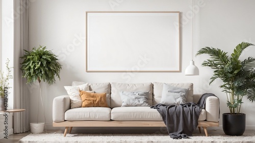 white sofa with cushions and a gray throw blanket in a living room with an empty picture frame and two plants in pots
 photo
