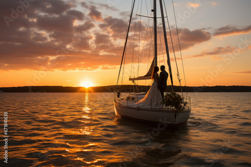Beautiful couple waiting to cudling and hugging as they sail on a yacht against a sunset.