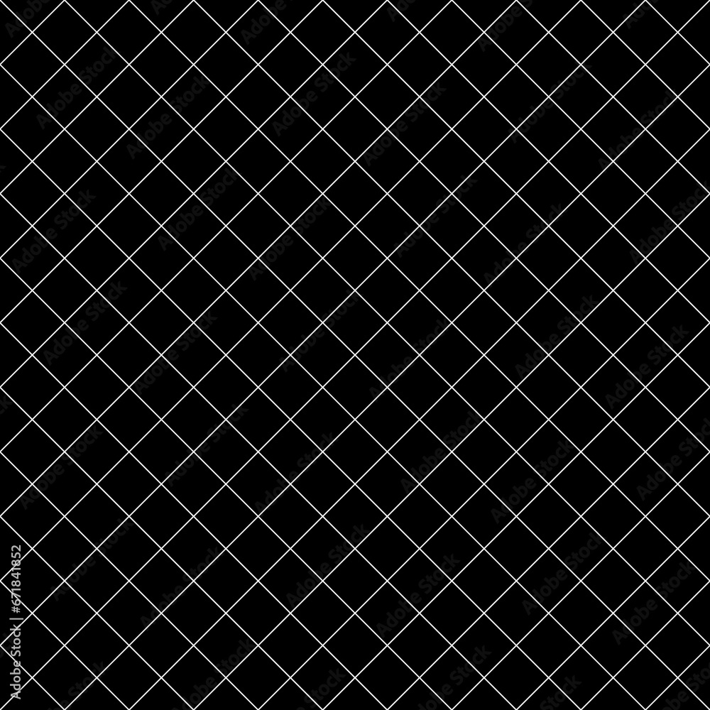 Seamless surface pattern with mini diamond ornament. White diagonal stripes grill on black background. Grid motif. Crossed lines wallpaper. Checkered image. Digital paper for print. Rhombuses vector. Seamless surface pattern with mini diamond ornament. White diagonal stripes grill on black background. Grid motif. Crossed lines wallpaper. Checkered image. Digital paper for print. Rhombuses vector.