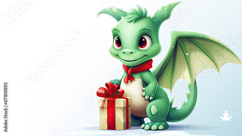 Illustration of the symbol of 2024 - a green dragon with a Christmas gift