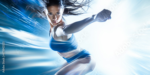 Woman kickboxing fast with motion blur effect. photo