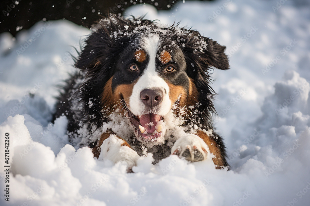 Bernese mountain dog breed dog in the snow