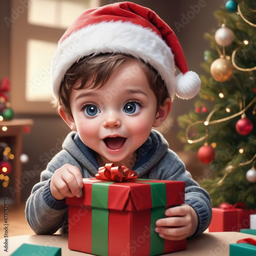Cute 3D Boy Wearing a Santa Hat Holds a Christmas Present