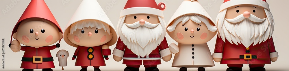 Fototapeta premium Christmas banner Santa is in a hurry to give presents, skiing towards snow-covered houses through snowdrifts and mountains.