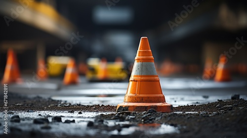 Construction cones on the fresh highway asphalt. Traffic cone on new asphalt layer.