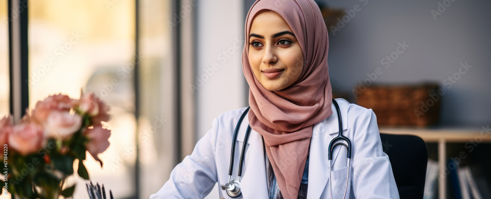 Obraz premium Smiling Asian Muslim Woman Doctor in Lab Coat and Hijab at Her Office