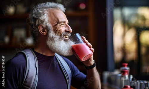 Active Man in 50s Drinking Pink Juice After Morning Run photo
