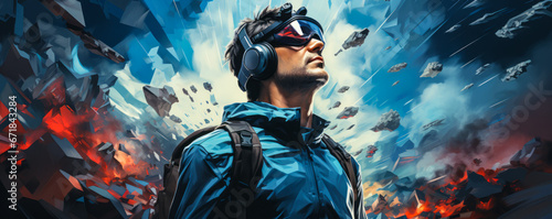 Digital Symbiosis: Man Stands in Blue Technological Realm